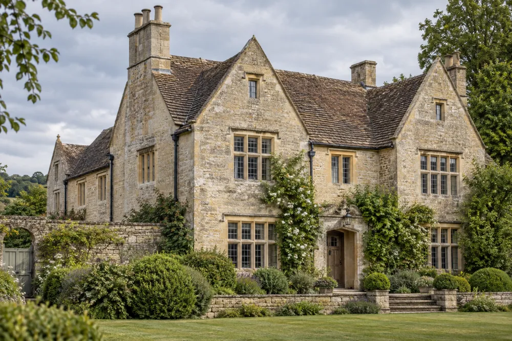 Illustrative view of a traditional English stone house with steep roofs and mullioned windows